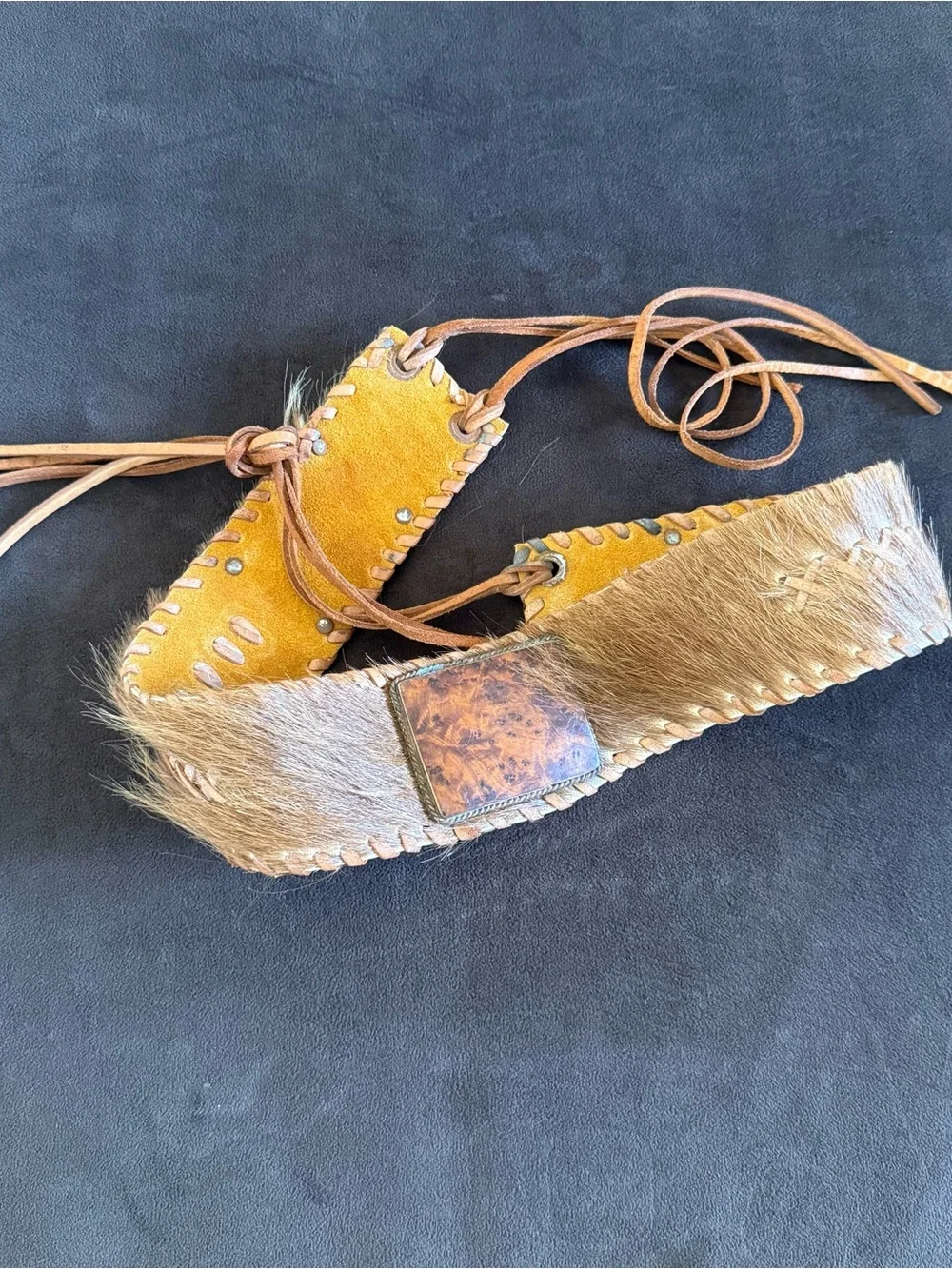Cow Hide Leather Belt with Wood detail